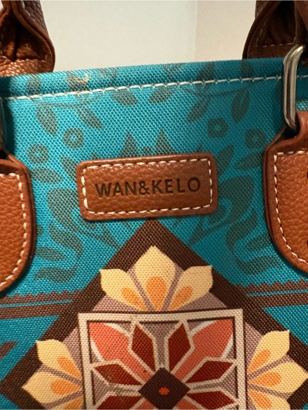 Turquoise and Tan Patterned Tote Bag